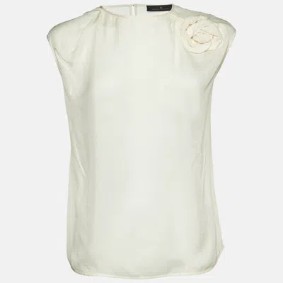 Pre-owned Carolina Herrera Off-white Silk Rose Embellish Detail Sleeveless Top M