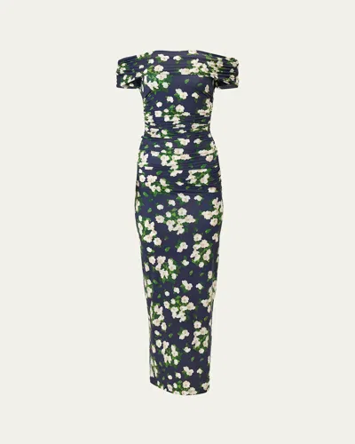 Carolina Herrera Floral Print Ruched Off The Shoulder Jersey Dress In Blue