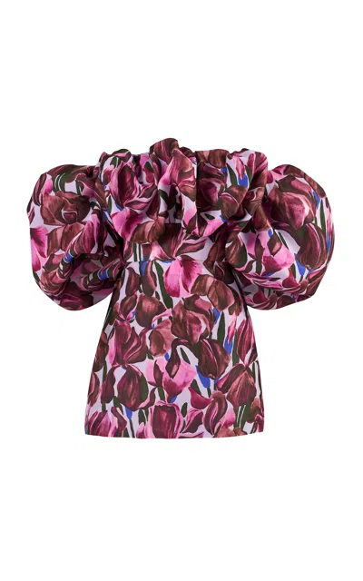 Carolina Herrera Off-the-shoulder Iris Print Silk Gazar Mini Dress In Purple