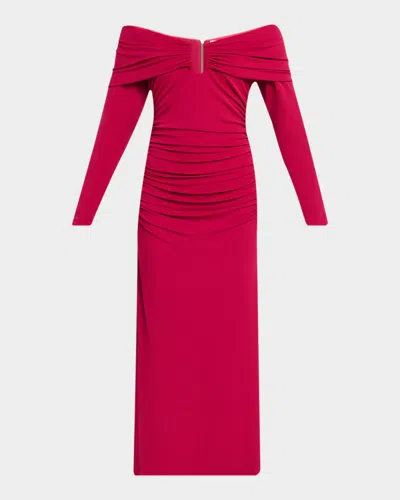 Carolina Herrera Off-the-shoulder Long-sleeve Ruched Jersey Midi Dress In Black