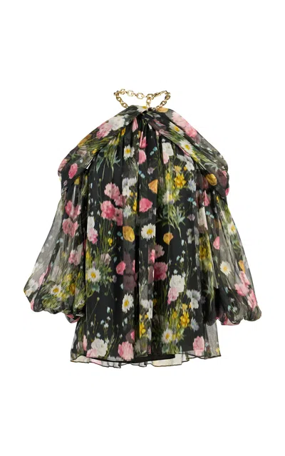 Carolina Herrera Off-the-shoulder Meadow Floral Crinkle Top In Black