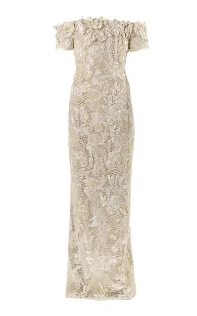 Carolina Herrera Off-the-shoulder Nylon Tulle Gown In Silver