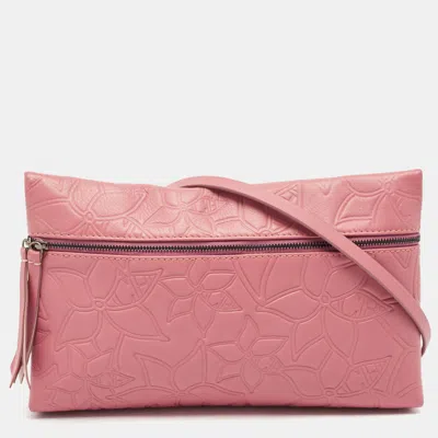 Pre-owned Carolina Herrera Old Rose Floral Embossed Leather Zip Crossbody Bag
