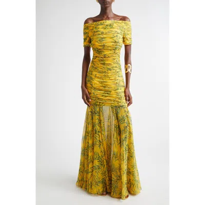 Carolina Herrera Olive Branch Off The Shoulder Silk Ruched Gown In Yellow
