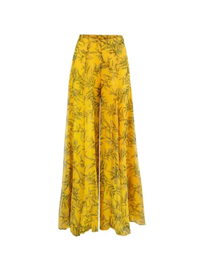 Carolina Herrera Olive Branch-print Extra-wide Leg Iris Pants In Yellow