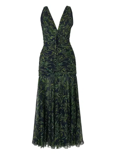 Carolina Herrera Olive Branch-print Gathered Midi Dress In Green