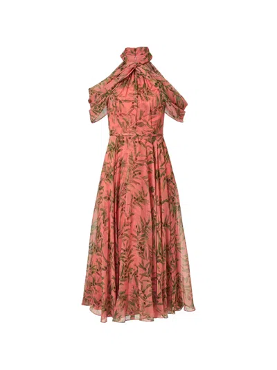 Carolina Herrera Olive Branch-print Halterneck Midi Dress In Pink
