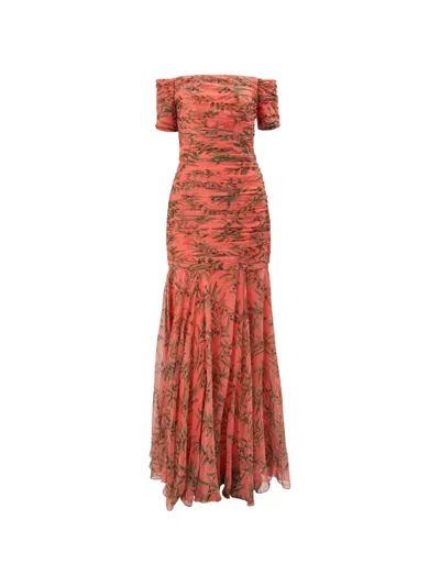 Carolina Herrera Olive Branch-print Ruched Gown In Red