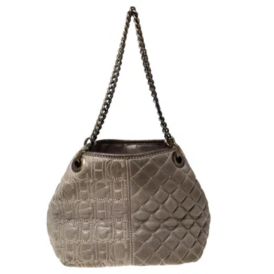 Carolina Herrera Olive Green Monogram Leather Chain Tote In Sand