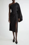 Carolina Herrera One-shoulder Balloon-sleeve Midi Dress In Black