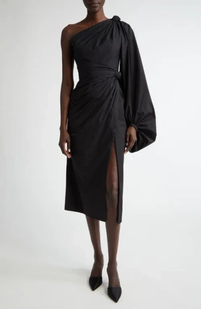 Carolina Herrera One-shoulder Balloon Sleeve Stretch Cotton Midi Dress In Black