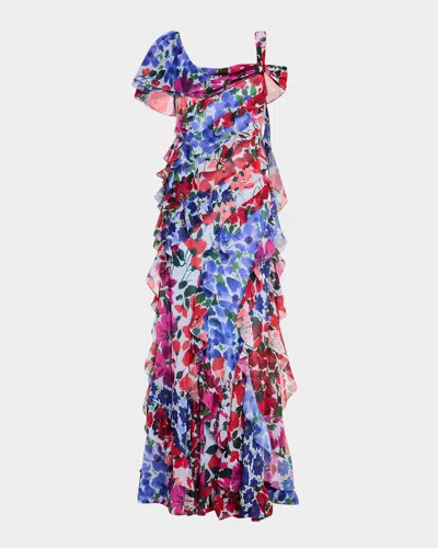 Carolina Herrera One Shoulder Cap Slv Multi Ruffle Gown In Celeste Multi