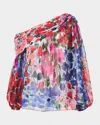 Carolina Herrera One-shoulder Draped Top With Flower In Celeste Multi