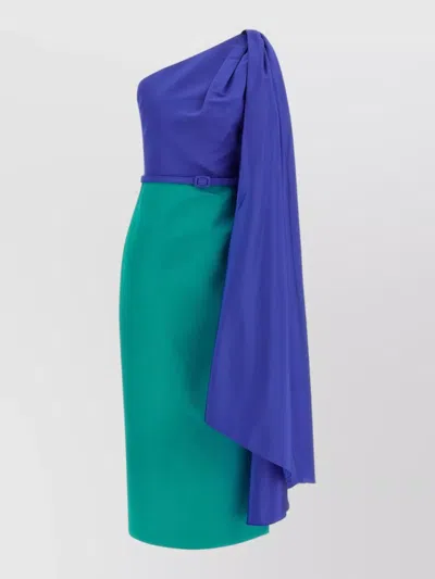 Carolina Herrera One Shoulder Dress Belted Waist Draped In Blue