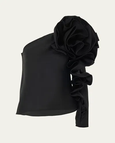 CAROLINA HERRERA ONE-SHOULDER FLOWER SLEEVE SILK TOP