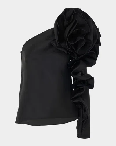 CAROLINA HERRERA ONE-SHOULDER FLOWER SLEEVE SILK TOP