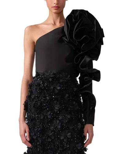 Carolina Herrera One Shoulder Flower Sleeve Silk Top In Black