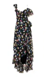 Carolina Herrera One-shoulder Garden Floral Chiffon Gown In Blue