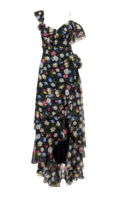 Carolina Herrera One-shoulder Garden Floral Chiffon Gown In Blue