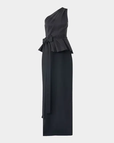 Carolina Herrera One-shoulder Peplum Column Gown With Bow In Black