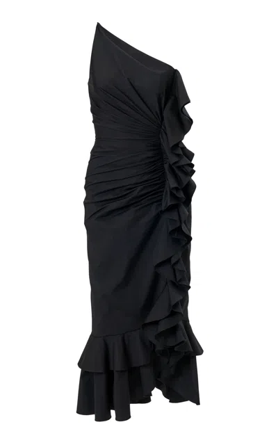 Carolina Herrera One-shoulder Stretch-cotton Midi Dress In Black