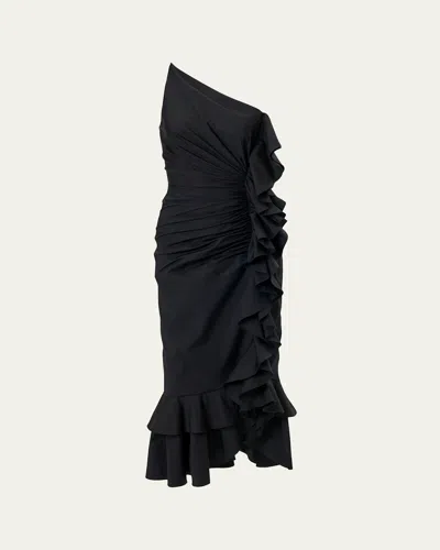 Carolina Herrera Ruffled Asymmetric Ruched One-shoulder Midi Dress In Black