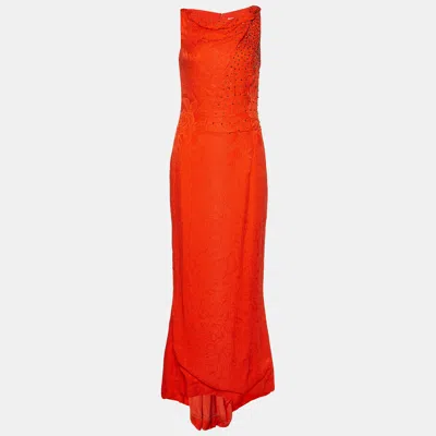 Pre-owned Carolina Herrera Orange Crinkled Silk Embellished Maxi Dress S