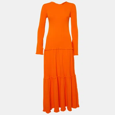 Pre-owned Carolina Herrera Orange Rib Knit Tiered Long Dress S