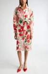 Carolina Herrera Rose Print Oversized Self-belt Midi Shirt Dress In White Multi