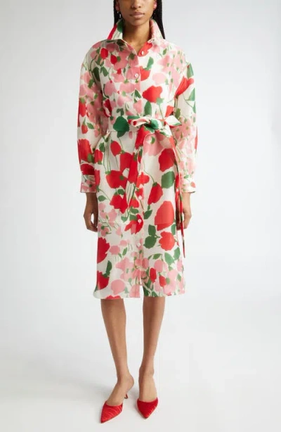 CAROLINA HERRERA CAROLINA HERRERA OVERSIZE FLORAL LONG SLEEVE BELTED SILK SHIRTDRESS