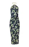 Carolina Herrera Painted Rose Jersey Halter Dress In Blue
