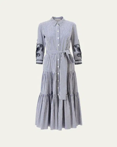 Carolina Herrera Paisley Embroidered 3/4-sleeve Tiered Midi Shirtdress In Blue