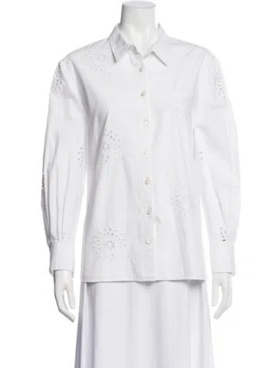 Pre-owned Carolina Herrera Patterned Long Sleeve Button-up Top In White