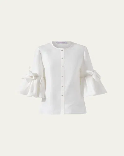 Carolina Herrera Pearly Button Bow Ruffle-sleeve Silk Top In Ivory