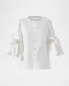 Carolina Herrera Pearly Button Bow Ruffle-sleeve Silk Top In Ivory