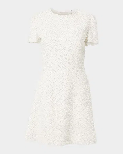 Carolina Herrera Faux Pearl-embellished Wool-blend Crepe Mini Dress In Neutral
