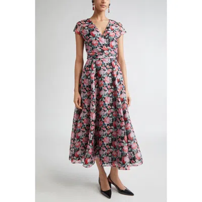 CAROLINA HERRERA CAROLINA HERRERA PEONY PRINT CAP SLEEVE SILK ORGANZA MIDI DRESS