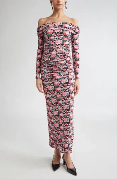 Carolina Herrera Peony Print Ruched Long Sleeve Off The Shoulder Jersey Dress In Multi
