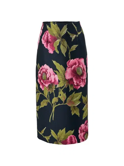 Carolina Herrera Peony-jacquard Midi Pencil Skirt In Blue