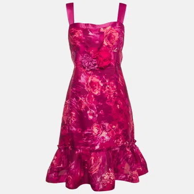 Pre-owned Carolina Herrera Pink Floral Print Gauze Ruffle Detail Midi Dress Xl