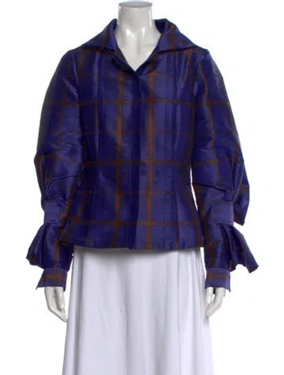 Pre-owned Carolina Herrera Plaid Print Long Sleeve Blouse In Purple
