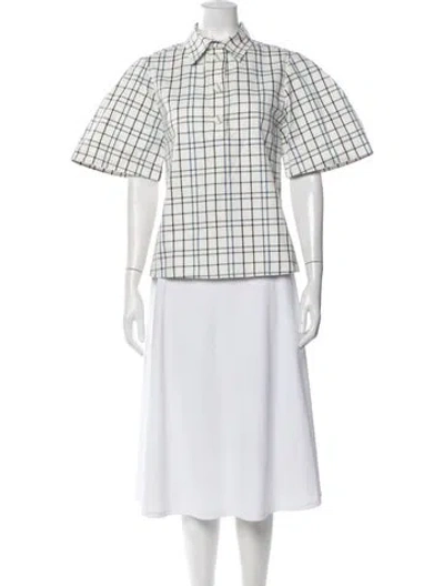 Pre-owned Carolina Herrera Plaid Print Short Sleeve Blouse In White