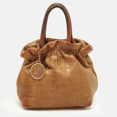 Pre-owned Carolina Herrera Pleated Bronze Monogram Embossed Leather Tote In Brown