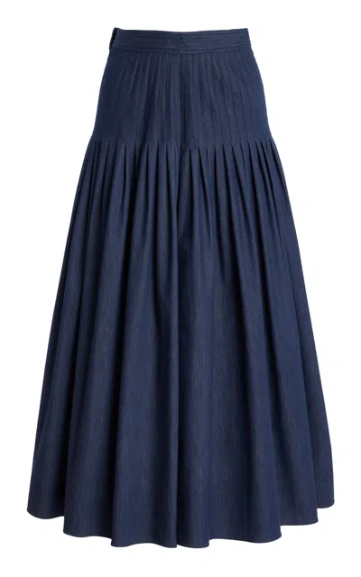 Carolina Herrera Pleated Cotton Chambray Midi Skirt In Navy