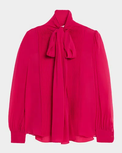 Carolina Herrera Pleated Silk Georgette Bow-neck Blouse In Cranberry