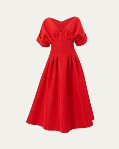 Carolina Herrera Pleated V-neck Midi Fit-flare Dress In Herrera Red