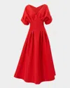 Carolina Herrera Pleated V-neck Midi Fit-flare Dress In Herrera Red