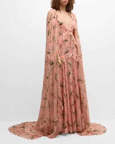 Carolina Herrera Plunging Floral-print Ruffle Cape Gown In Shell Pink Multi