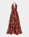 Carolina Herrera Plunging Halter Pleated Drop-waist Gown In Brown