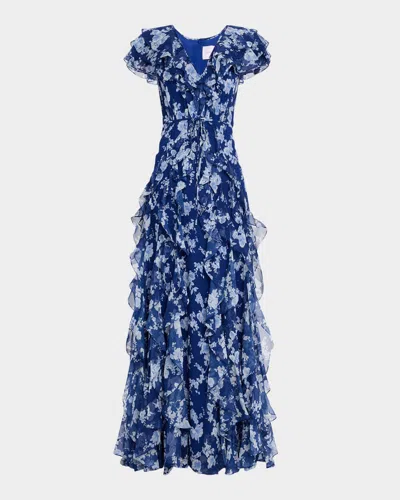 Carolina Herrera Plunging Ruffle Short-sleeve Silk Gown